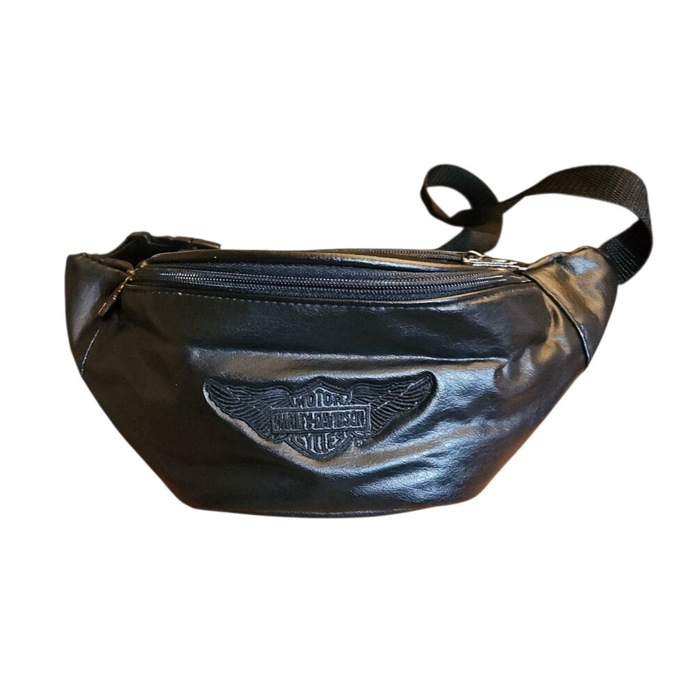 Harley Davidson Motorcycle Waist Belt Bag Black Faux Leather Logo Zipper Pulls